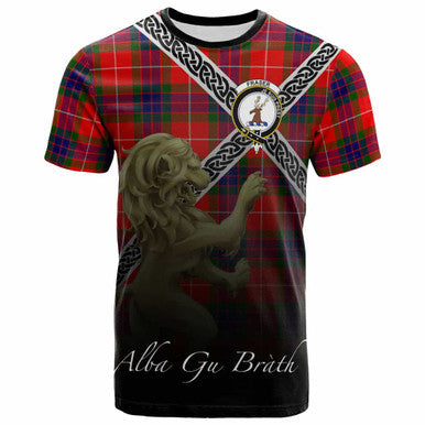Scottish Fraser Clan Crest Tartan T-Shirt - Celtic With Scotland Lion Front Side Tartan Plaid