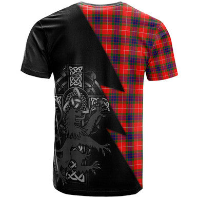 Scottish Fraser Clan Crest Tartan T-Shirt - Lion Rampant Celtic Cross Flash Style Back Side Tartan Plaid