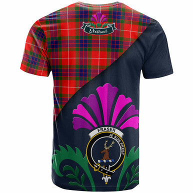Scottish Fraser Clan Crest Tartan T-Shirt - Scotland Thistle Style Back Side Tartan Plaid