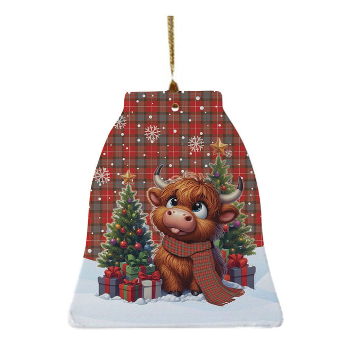 Scottish Fraser Weathered Clan Tartan Ceramic Ornament Cute Highland Cow Christmas Bell Style Tartan Plaid