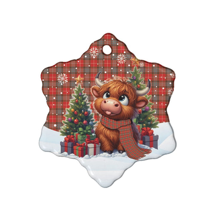 Scottish Fraser Weathered Clan Tartan Ceramic Ornament Cute Highland Cow Christmas Snow Flake Style Tartan Plaid