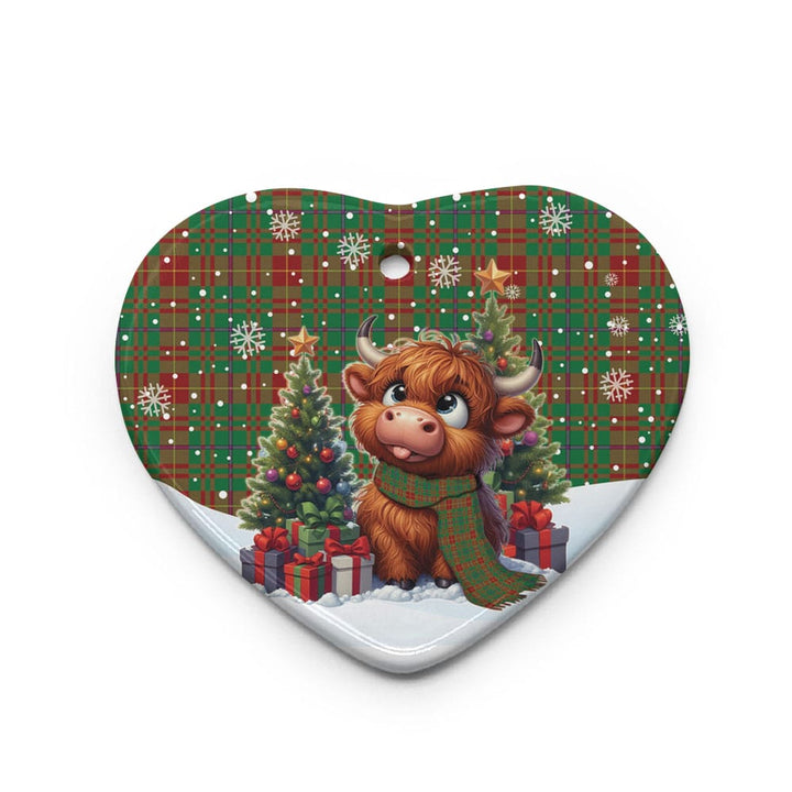 Scottish Fulton Clan Tartan Ceramic Ornament Cute Highland Cow Christmas Heart Style Tartan Plaid