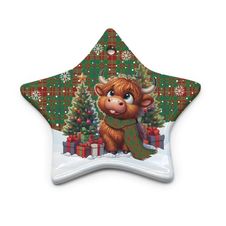 Scottish Fulton Clan Tartan Ceramic Ornament Cute Highland Cow Christmas Star Style Tartan Plaid