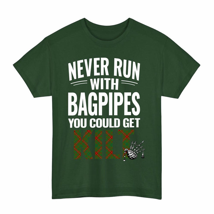 Scottish Fulton Clan Tartan Never Run With Bagpipes T-Shirt Tartan Plaid Forest Green Color