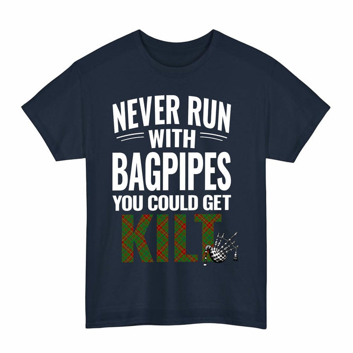 Scottish Fulton Clan Tartan Never Run With Bagpipes T-Shirt Tartan Plaid Navy Color