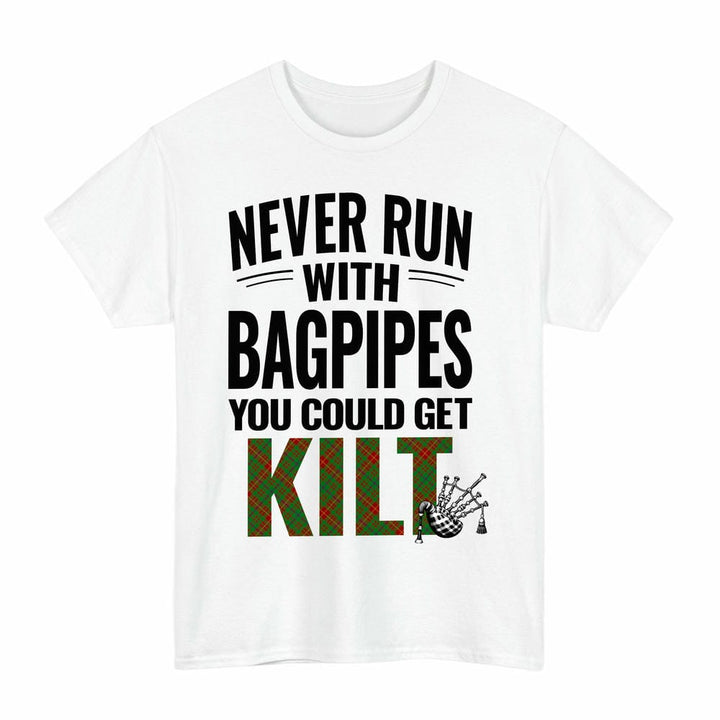 Scottish Fulton Clan Tartan Never Run With Bagpipes T-Shirt Tartan Plaid White Color