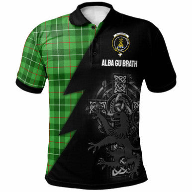Scottish Galloway Clan Crest Tartan Polo Shirt - Lion Rampant Celtic Cross Flash Style Front Side Tartan Plaid
