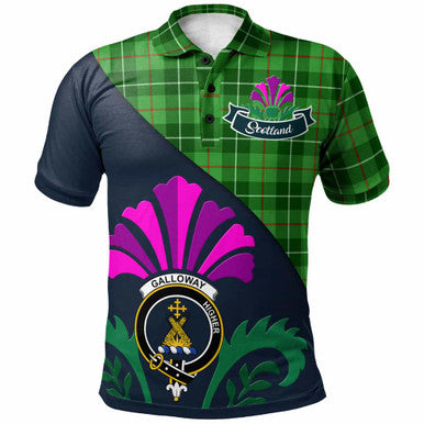 Scottish Galloway Clan Crest Tartan Polo Shirt - Scotland Thistle Style Front Side Tartan Plaid