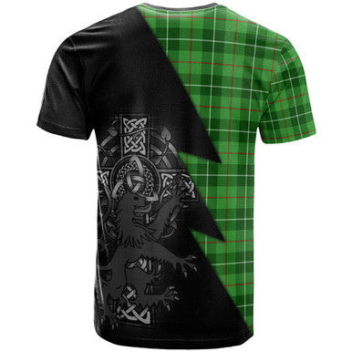 Scottish Galloway Clan Crest Tartan T-Shirt - Lion Rampant Celtic Cross Flash Style Back Side Tartan Plaid