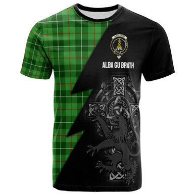 Scottish Galloway Clan Crest Tartan T-Shirt - Lion Rampant Celtic Cross Flash Style Front Side Tartan Plaid