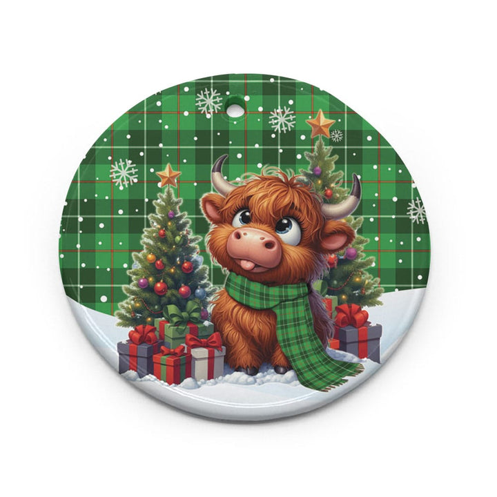Scottish Galloway District Clan Tartan Ceramic Ornament Cute Highland Cow Christmas Circle Style Tartan Plaid