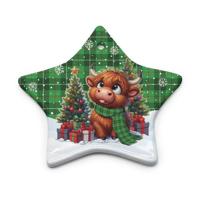 Scottish Galloway District Clan Tartan Ceramic Ornament Cute Highland Cow Christmas Star Style Tartan Plaid
