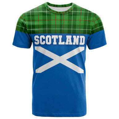 Scottish Galloway District Clan Tartan T-Shirt - Lion Rampant of Scotland With Flag Front Side Tartan Plaid