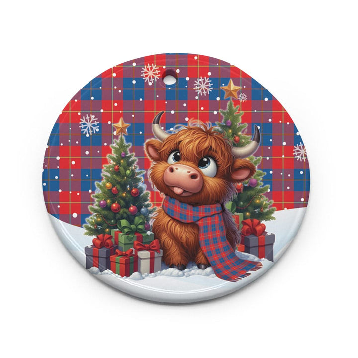 Scottish Galloway Red Clan Tartan Ceramic Ornament Cute Highland Cow Christmas Circle Style Tartan Plaid