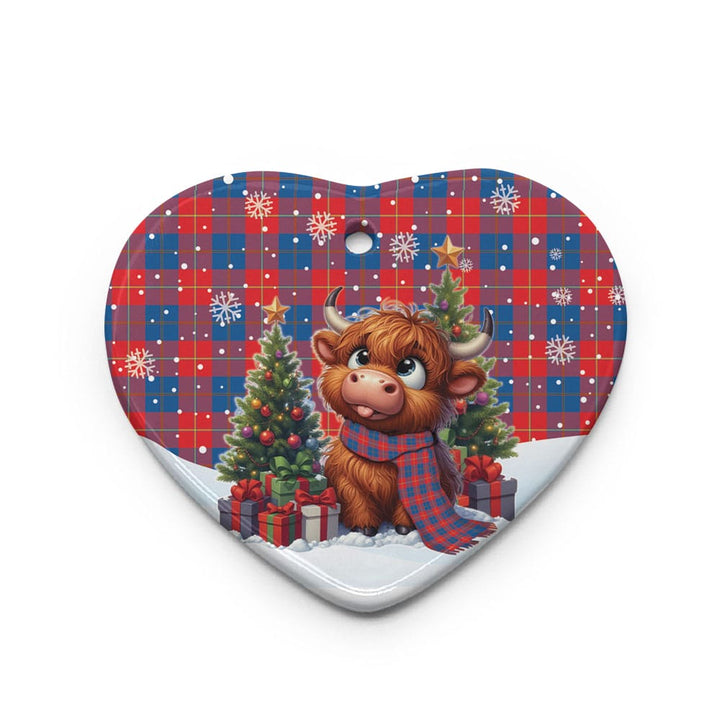 Scottish Galloway Red Clan Tartan Ceramic Ornament Cute Highland Cow Christmas Heart Style Tartan Plaid