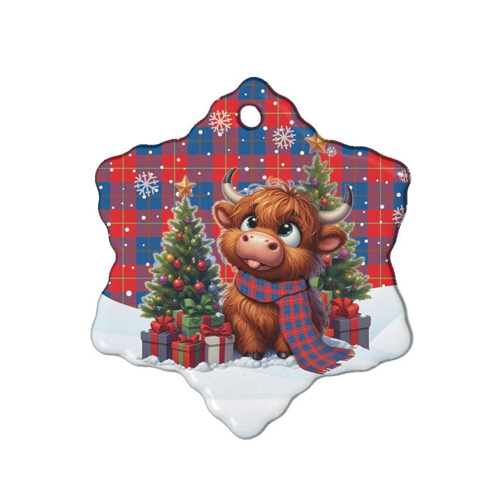 Scottish Galloway Red Clan Tartan Ceramic Ornament Cute Highland Cow Christmas Snow Flake Style Tartan Plaid