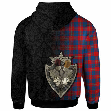 Scottish Galloway Red Clan Tartan Hoodie - Half Thistle Flowers Celtic Design Back Side Tartan Plaid