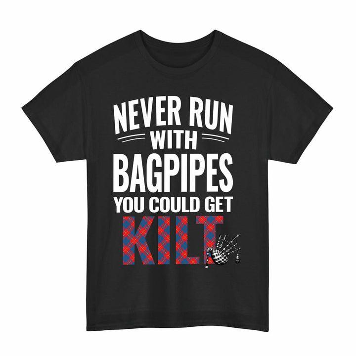 Scottish Galloway Red Clan Tartan Never Run With Bagpipes T-Shirt Tartan Plaid Black Color