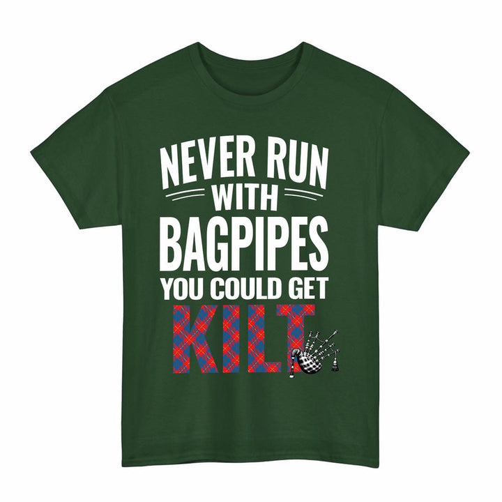 Scottish Galloway Red Clan Tartan Never Run With Bagpipes T-Shirt Tartan Plaid Forest Green Color