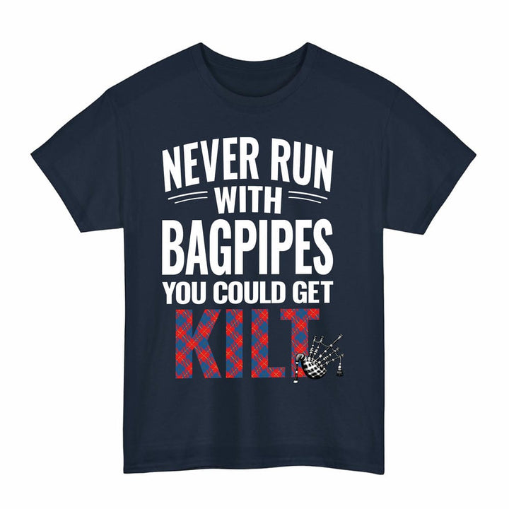 Scottish Galloway Red Clan Tartan Never Run With Bagpipes T-Shirt Tartan Plaid Navy Color