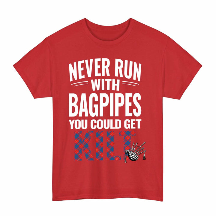 Scottish Galloway Red Clan Tartan Never Run With Bagpipes T-Shirt Tartan Plaid Red Color