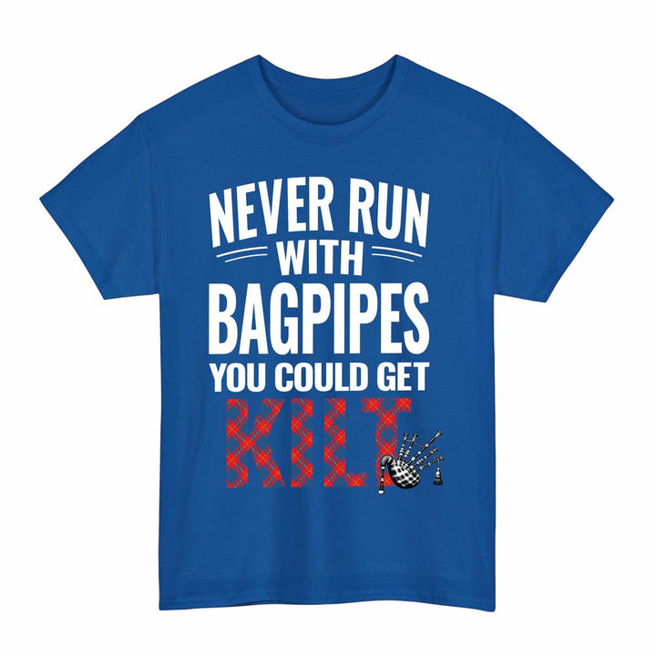 Scottish Galloway Red Clan Tartan Never Run With Bagpipes T-Shirt Tartan Plaid Royal Color