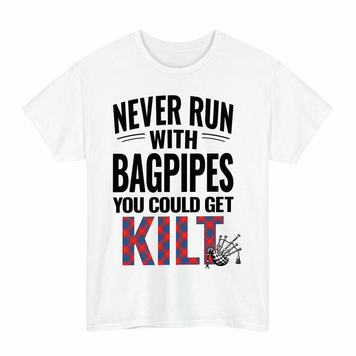 Scottish Galloway Red Clan Tartan Never Run With Bagpipes T-Shirt Tartan Plaid White Color