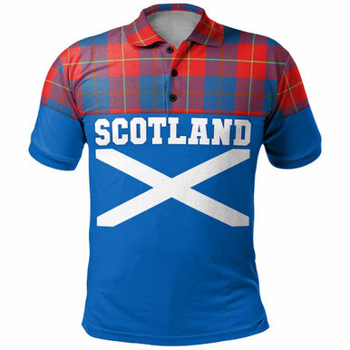Scottish Galloway Red Clan Tartan Polo Shirt - Lion Rampant of Scotland With Flag Front Side Tartan Plaid