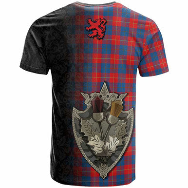 Scottish Galloway Red Clan Tartan T-Shirt - Half Thistle Flowers Celtic Design Back Side Tartan Plaid