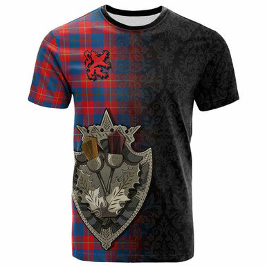 Scottish Galloway Red Clan Tartan T-Shirt - Half Thistle Flowers Celtic Design Front Side Tartan Plaid