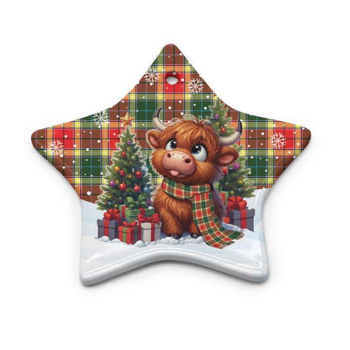 Scottish Gibbs Clan Tartan Ceramic Ornament Cute Highland Cow Christmas Star Style Tartan Plaid