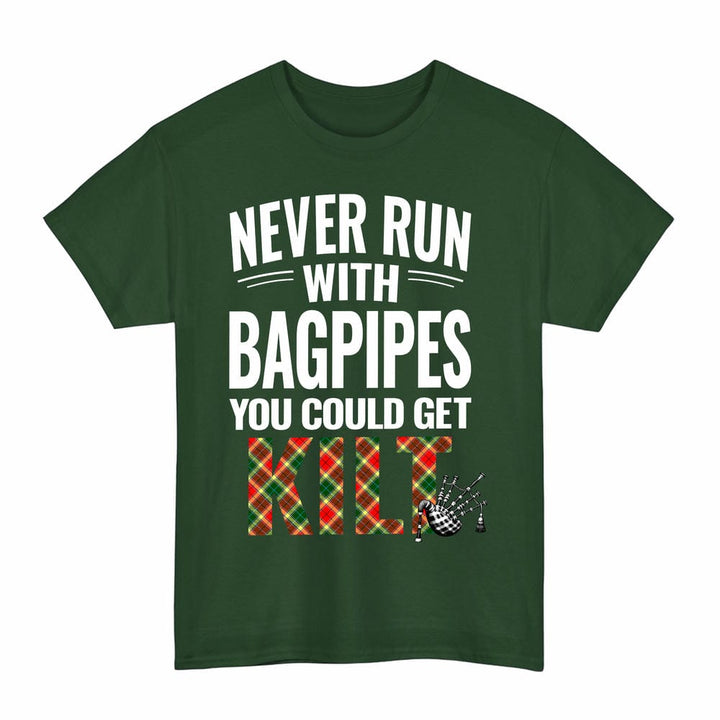 Scottish Gibbs Clan Tartan Never Run With Bagpipes T-Shirt Tartan Plaid Forest Green Color