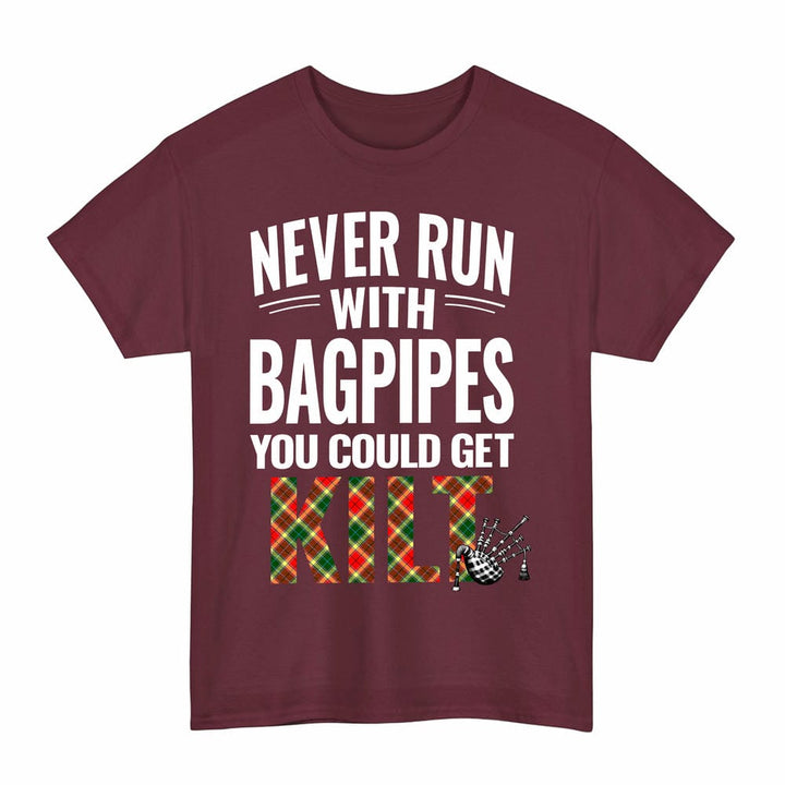 Scottish Gibbs Clan Tartan Never Run With Bagpipes T-Shirt Tartan Plaid Maroon Color