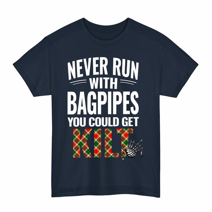 Scottish Gibbs Clan Tartan Never Run With Bagpipes T-Shirt Tartan Plaid Navy Color