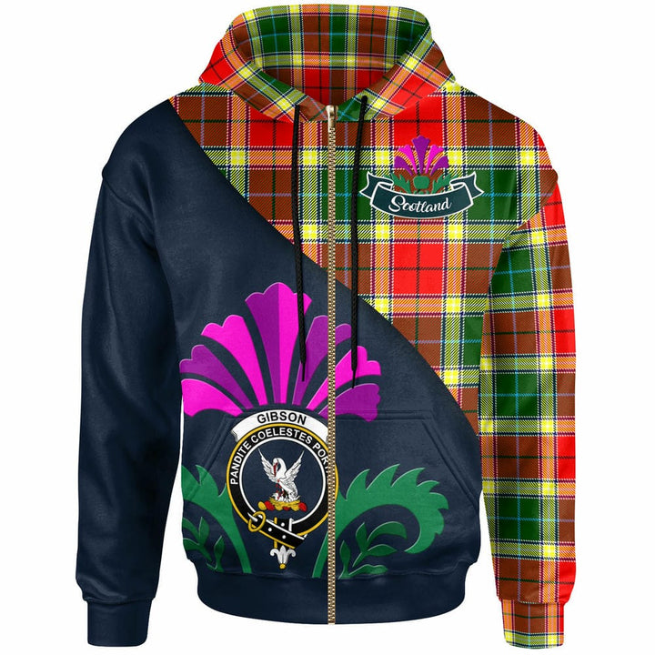 Scottish Gibson Clan Crest Tartan Hoodie - Scotland Thistle Style Zip-up Tartan Plaid