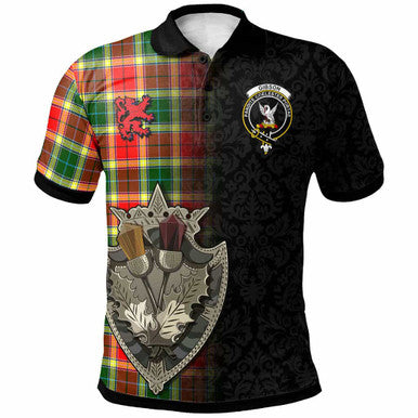 Scottish Gibson Clan Crest Tartan Polo Shirt - Half Thistle Flowers Celtic Design Front Side Tartan Plaid