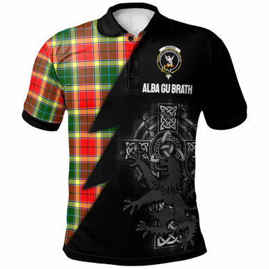Scottish Gibson Clan Crest Tartan Polo Shirt - Lion Rampant Celtic Cross Flash Style Front Side Tartan Plaid