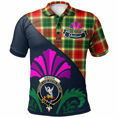 Scottish Gibson Clan Crest Tartan Polo Shirt - Scotland Thistle Style Front Side Tartan Plaid
