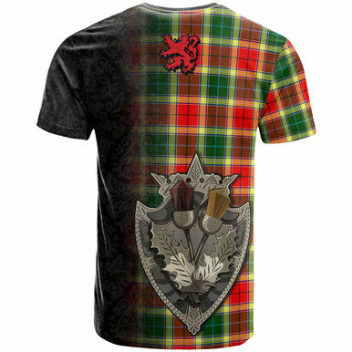 Scottish Gibson Clan Crest Tartan T-Shirt - Half Thistle Flowers Celtic Design Back Side Tartan Plaid
