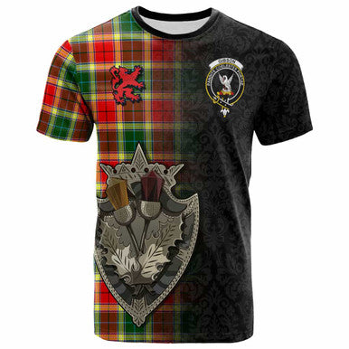 Scottish Gibson Clan Crest Tartan T-Shirt - Half Thistle Flowers Celtic Design Front Side Tartan Plaid