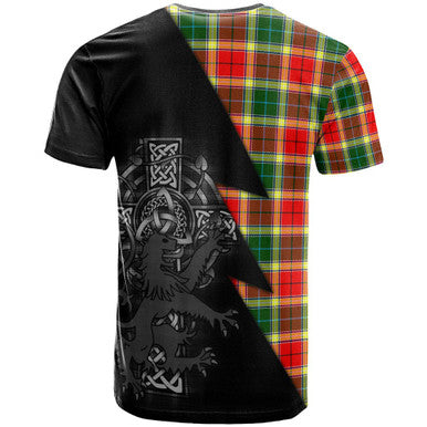 Scottish Gibson Clan Crest Tartan T-Shirt - Lion Rampant Celtic Cross Flash Style Back Side Tartan Plaid
