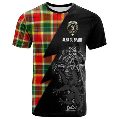 Scottish Gibson Clan Crest Tartan T-Shirt - Lion Rampant Celtic Cross Flash Style Front Side Tartan Plaid