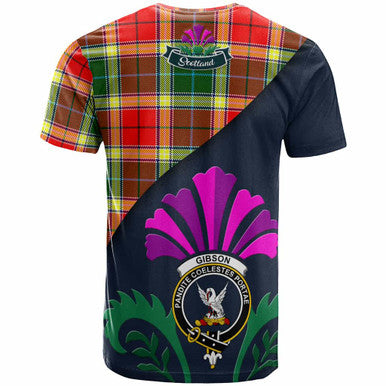 Scottish Gibson Clan Crest Tartan T-Shirt - Scotland Thistle Style Back Side Tartan Plaid