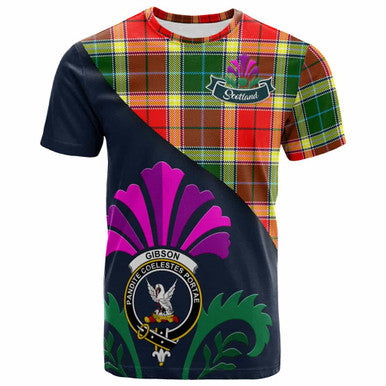 Scottish Gibson Clan Crest Tartan T-Shirt - Scotland Thistle Style Front Side Tartan Plaid