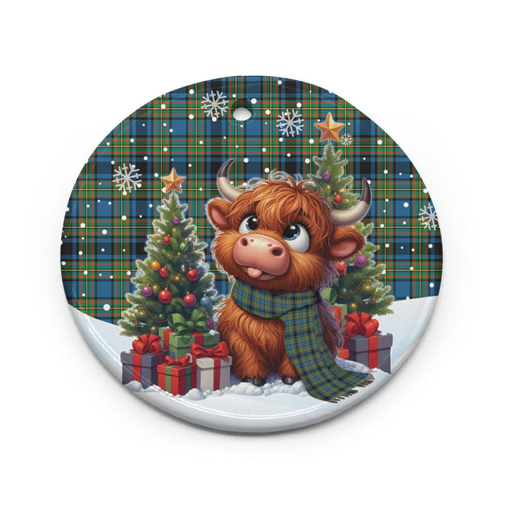 Scottish Gillies Ancient Clan Tartan Ceramic Ornament Cute Highland Cow Christmas Circle Style Tartan Plaid