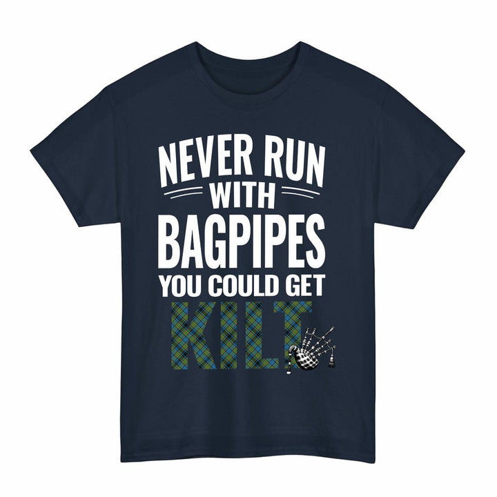 Scottish Gillies Ancient Clan Tartan Never Run With Bagpipes T-Shirt Tartan Plaid Navy Color