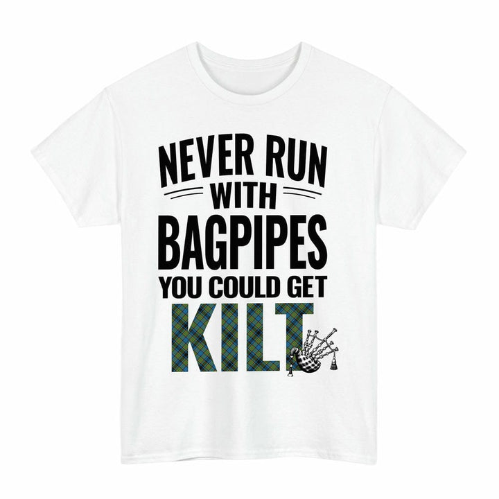 Scottish Gillies Ancient Clan Tartan Never Run With Bagpipes T-Shirt Tartan Plaid White Color