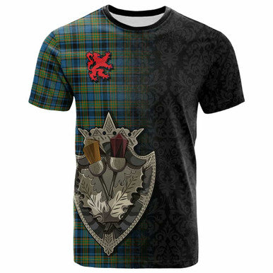 Scottish Gillies Ancient Clan Tartan T-Shirt - Half Thistle Flowers Celtic Design Front Side Tartan Plaid