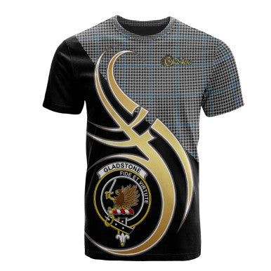 Scottish Gladstone Clan Crest Tartan T-Shirt Believe in Me Front Side Tartan Plaid