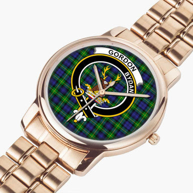 Scottish Gordon Clan Crest Tartan Folding Clasp Steel Quartz Watches Tartan Plaid Rose Gold 2